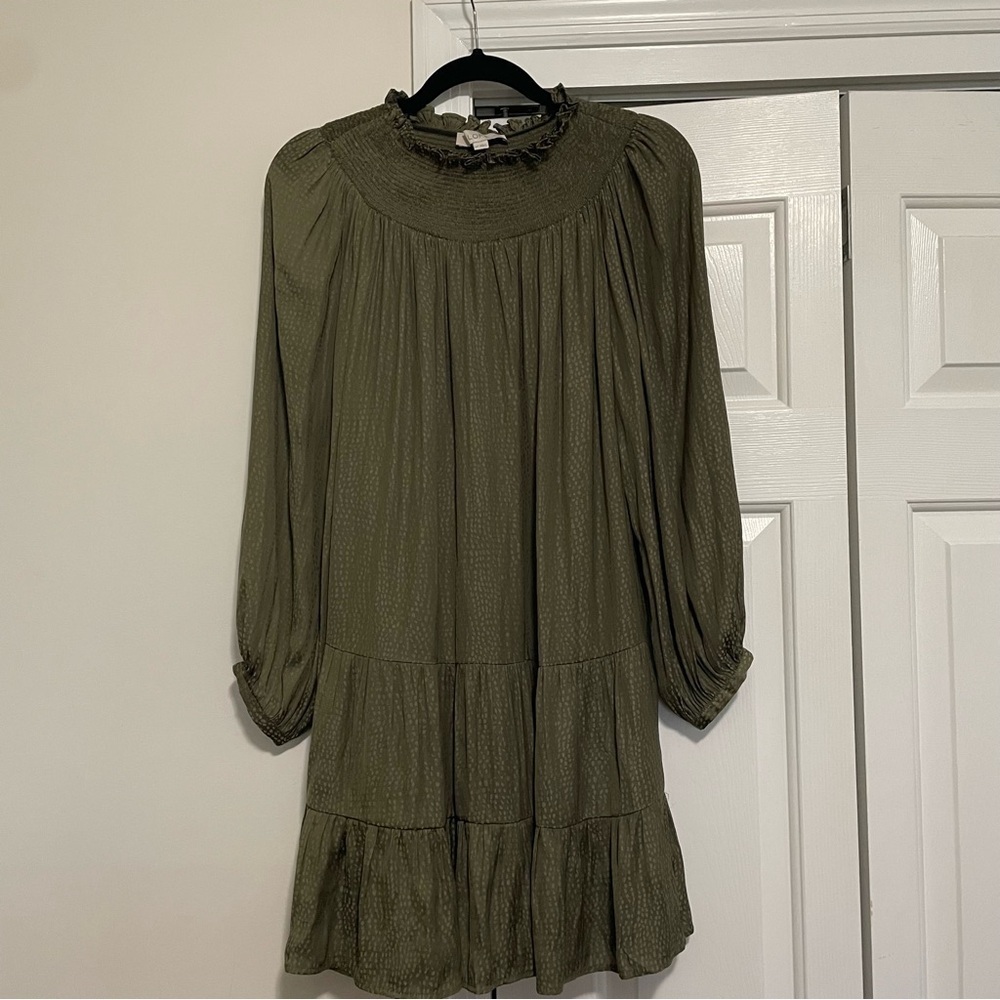 LOFT Green Smocked Neck Tiered Dress Size MP